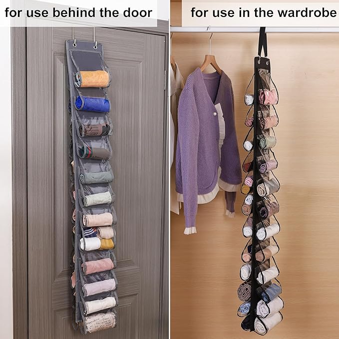 Legging Organizer for Closet Hanging 20 Pockets, Clear Hanging Legging Organizer Closet, Oxford Cloth Legging Storage for Wardrobe Behind Door(2Pack*Black)