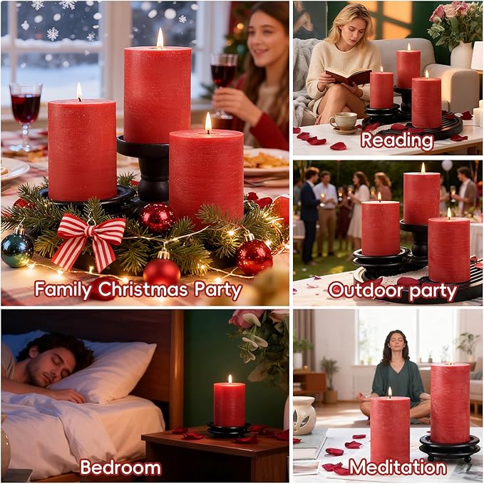 6 Pack Red Pillar Candles,Natural Soy Pillar Candles,330 H Long Lasting Burning 2.8x4in Unscented,Dripless and Smokeless Rustic Hand-Poured Candles Dinner Table,for Valentine's Day,Wedding,Home Decor