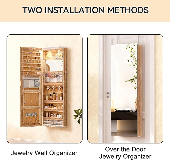 Lvifur 47.2" LED Jewelry Mirror Cabinet,Lockable Wall/Door Mounted Full Length Mirror with Storage, Over the Door Hanging Jewelry Organizer-2 Drawers,Foldable Shelf, Built-in Lighted Mirror (Wood)
