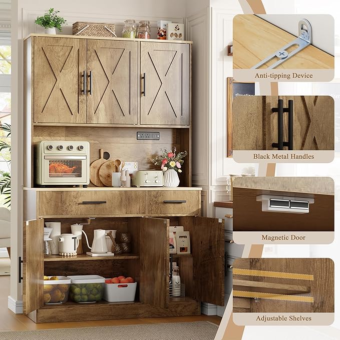Vongrasig Farmhouse Pantry Cabinet with Charging Station, Tall Kitchen Pantry with Microwave Stand, Storage Drawers & Shelves, Large Kitchen Hutch for Living Room, Dining Room, Rustic Brown
