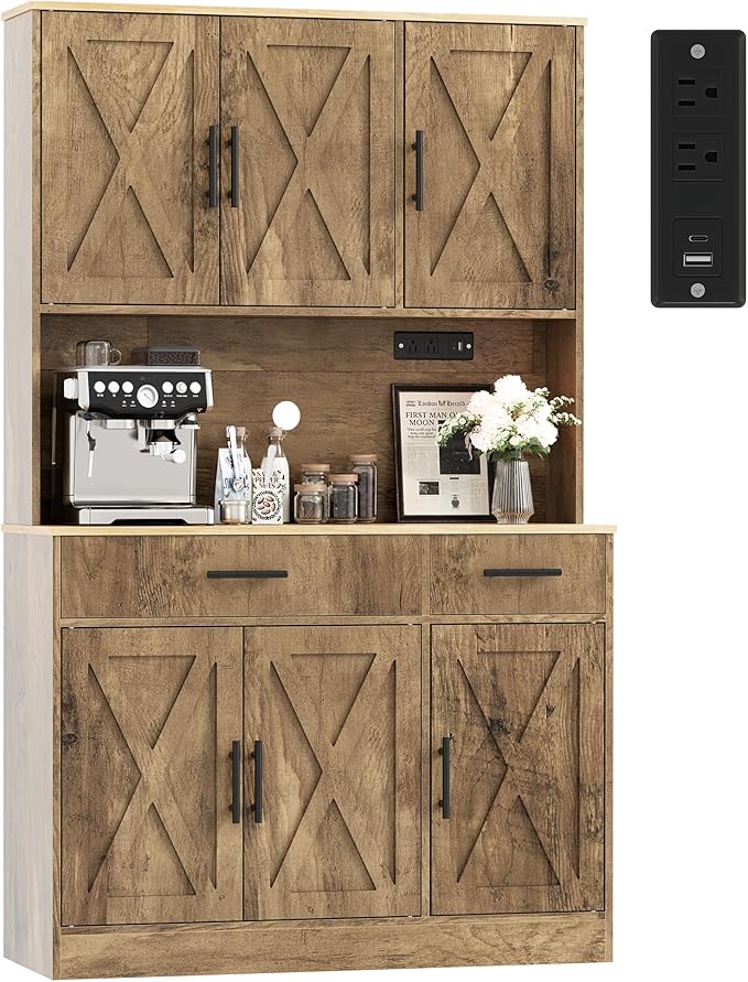 Vongrasig Farmhouse Pantry Cabinet with Charging Station, Tall Kitchen Pantry with Microwave Stand, Storage Drawers & Shelves, Large Kitchen Hutch for Living Room, Dining Room, Rustic Brown