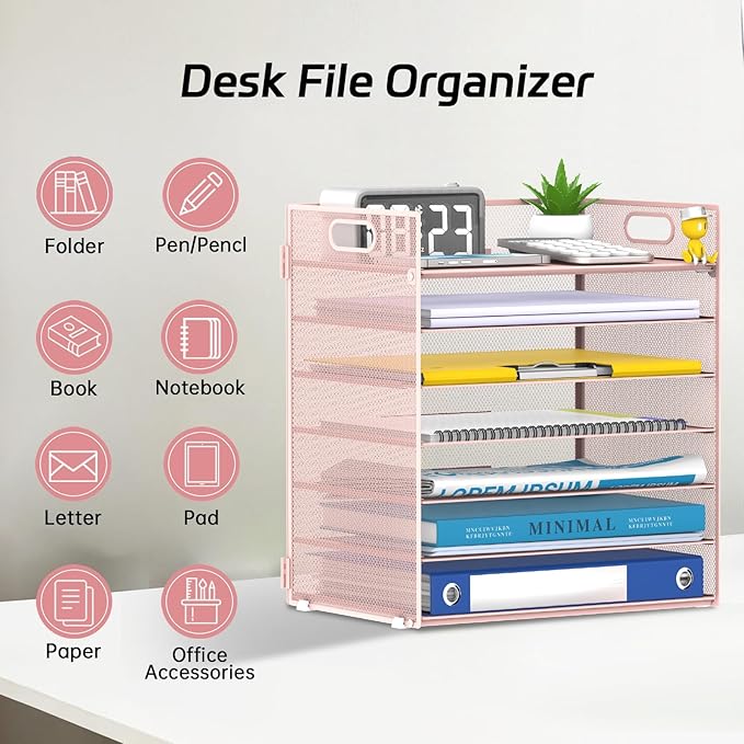 7 Tier Paper Organizer - Mesh Desktop File Holder with Handles for Office School Desk, Black (Pink)