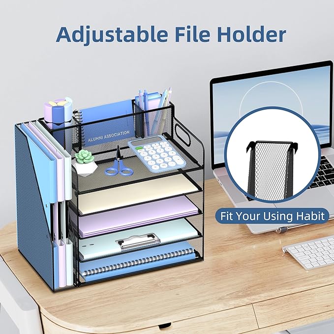 SUPEASY 5-Tier Paper Organizer for Desk with 3 Pen Holder and Magazine Holder, Paper Letter Tray Desk Organizer for Home, Office, School, Black