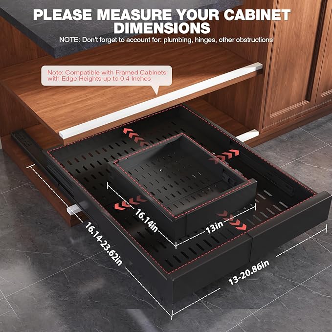 2 Pack Pull Out Cabinet Organizer Expandable Width(13"-21") and Depth(17"-24"),Slide Out Drawers with Raising Pad for Framed Cabinets,No Drill Roll Out Shelves for Kitchen,Bathroom,Black