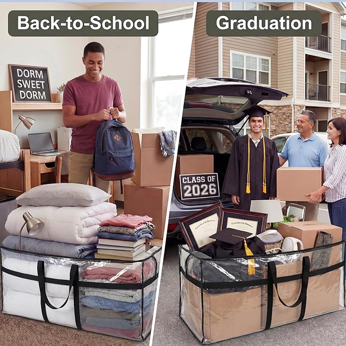 4 Pcs 96 Gallon Extra Large Moving Bags Heavy Duty Storage Bag with Strong Zipper Handle Foldable XXL Jumbo Storage Tote Packing Moving Box for College Dorm Travel Cloth Duffle (Clear)