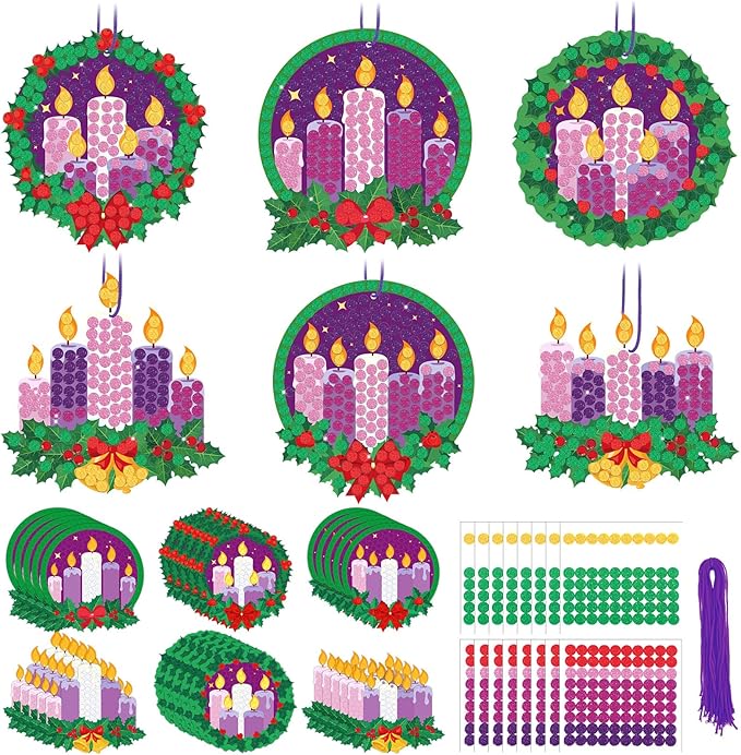 Baderke 30 Sets Christmas Advent Craft Kit Make Your Own Glitter Mosaic Advent Candle Craft DIY Glitter Mosaic Christmas Wreath Ornament for Xmas Home Activities