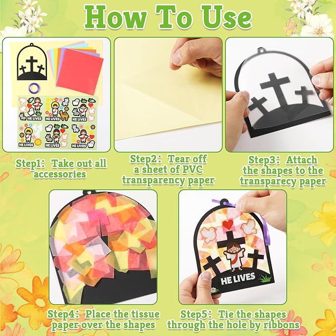 Qyeahkj 36 Set Easter Jesus Cross Suncatchers Crafts for Kids DIY Christian Religion Cross Window Tissue Paper Craft Kit Hanging Decor for School Home Activity Art Project Birthday Party Favor