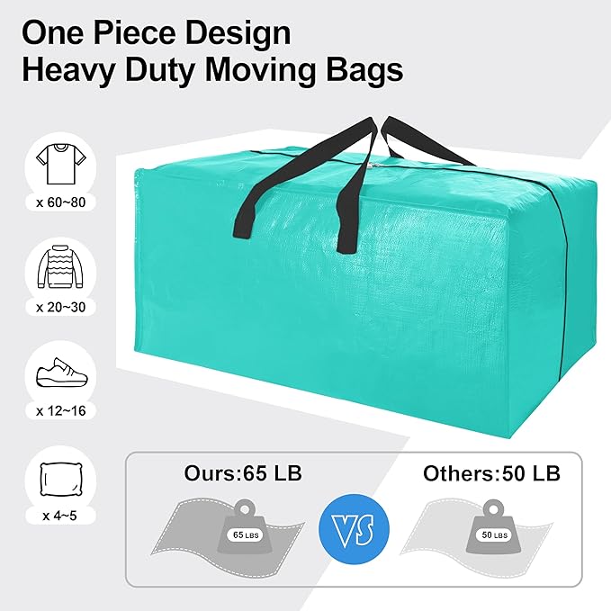 VELVETSURE 6 Pack Heavy Duty Large Moving Bags W/Backpack Straps - Strong Handles & Zippers, Storage Totes For Space Saving, Fold Flat, Alternative to Moving Box and Storage Bin, Aquamarine