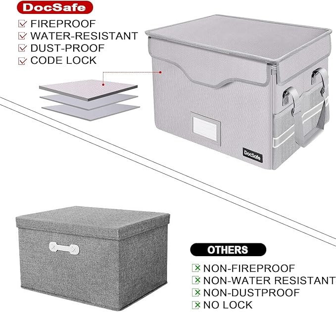 DocSafe Fireproof Document Box with Lock,File Storage Organizer with Zipper Pockets,Collapsible Portable File Box Home Office Safe Filing Cabinet with Handle for Hanging Letter/Legal Folder,Silver
