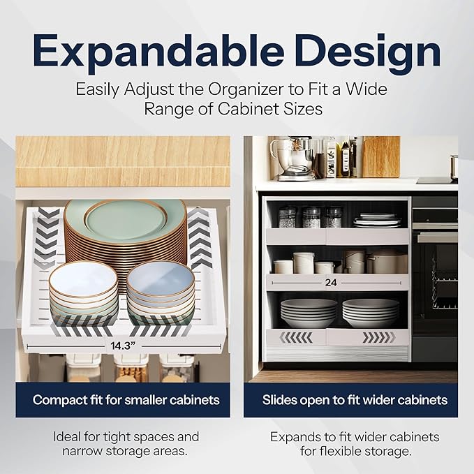 Heavy Duty Single Pull Out Cabinet Organizer for Kitchen Drawer or Shelf – Expandable in Width & Depth, Slides Out for Easy Access, Holds up to 50 lbs – 14.3"-22.4" Deep, 15.7"-24" Wide - White