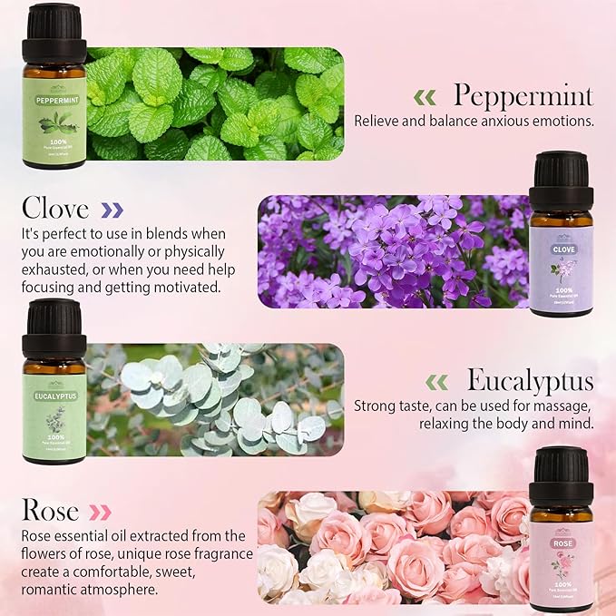 8 Pcs 100% Pure Floral Essential Oils Set for Diffuser, Home Care, Candle, Soap, Clean, Perfume, Laundry - Peppermint, Lavender, Rose, Clove - Organic Aromatherapy for Women and Mom Gift 10ml Each