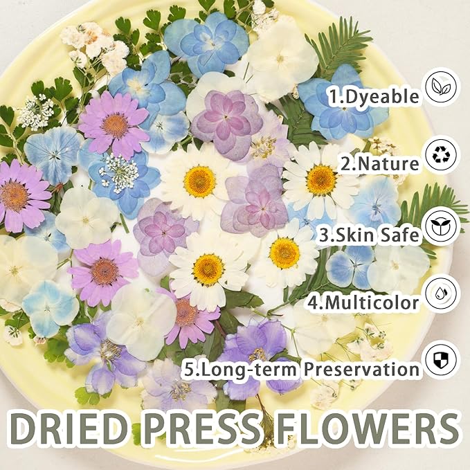 Dried Pressed Flowers Real Pressed Flowers Natural Dry Leaves Bulk Mixed Colorful Herbs Kit with Tweezers for Scrapbooking DIY Candle Jewelry Crafts Making Nails (White, Purple, Blue)