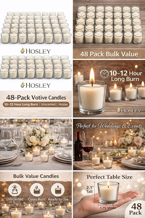48-Pack Clear Glass Votive Candles – 10–12 Hour Long Burn, Unscented, Ivory, Bulk Set for Weddings, Events & Table Centerpieces – Hosley