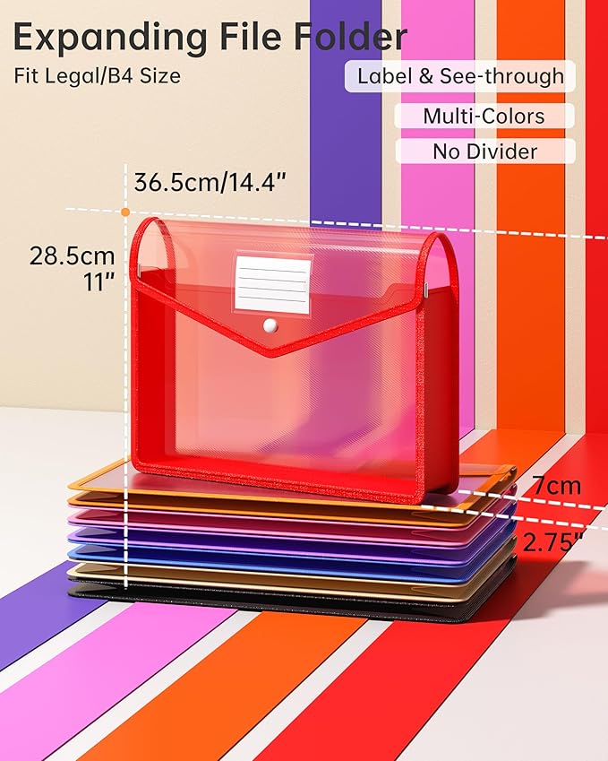 7 Pack Plastic Expanding File Folder, Transparent envelopes with Snap Closure, Fit Legal/B4 Size for School/Office/Home/Hospital, No Dividers, Large Capacity-7 Colors