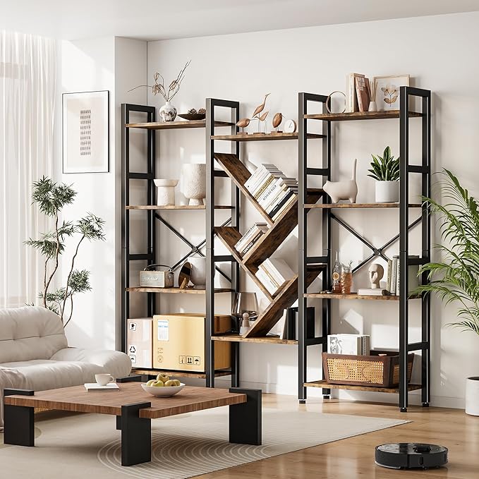 Triple 4 Tier Book Shelf, Large Industrial Bookcase with Storage Cabinet, Tall Bookshelf with Open Display Shelves Furniture for Living Room Bedroom Home Office Rustic Brown