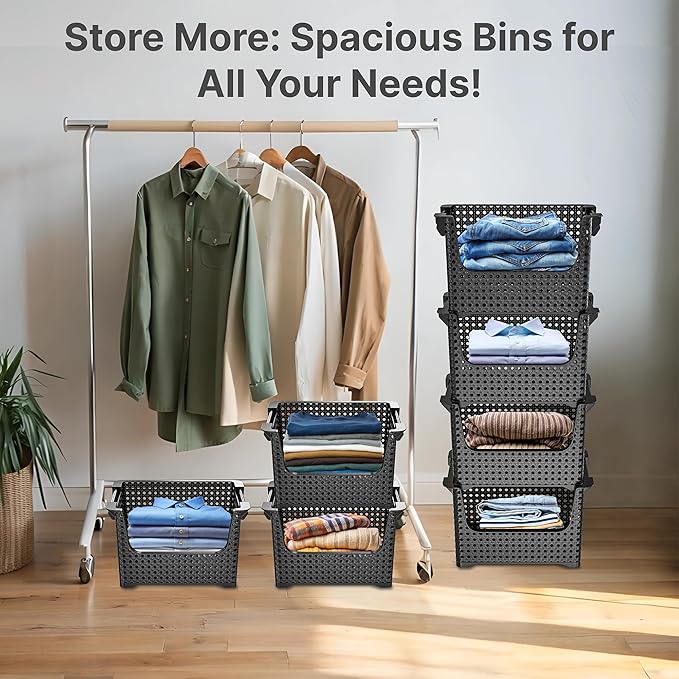 Skywin TidyFriend Stackable Storage Bins for Pantry 4 Pack, Stackable Bins For Organizing Food, Kitchen, and Bathroom Essentials (Circle with Handle)(Black)