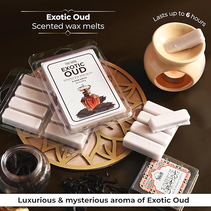 TRUMIRI Exotic Oud Scented Wax Melts - Made with Non Toxic Soy Wax and Essential Oils - Long Lasting Strong Scent for Men Candle Wax Cubes Tarts for Warmers Pack of 4