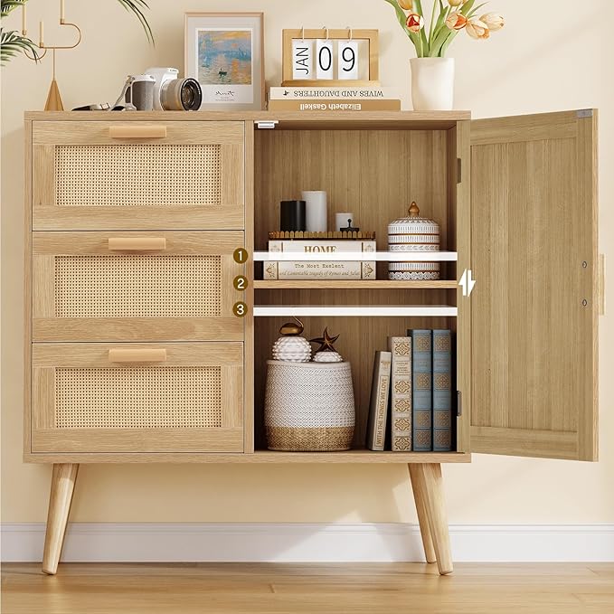 TEENFON Storage Cabinet with Rattan Door & 3 Drawers, Rattan Cabinet with Adjustable Shelf, Sideboard Buffet Cabinets with Storage, Entryway Cabinets, for Living Room, Dining Room, Entryway, Natural
