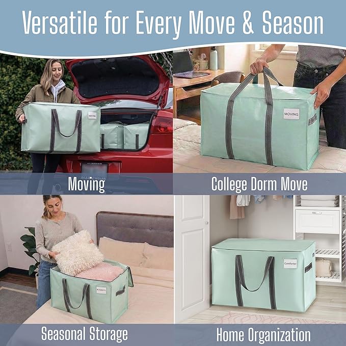 VENO 4 Pack Heavy Duty Moving Bags, Extra Large Storage Bags with Reinforced Handles & Strong Zippers, Foldable & Reusable Moving Box Alternative for Clothes & Dorm Storage