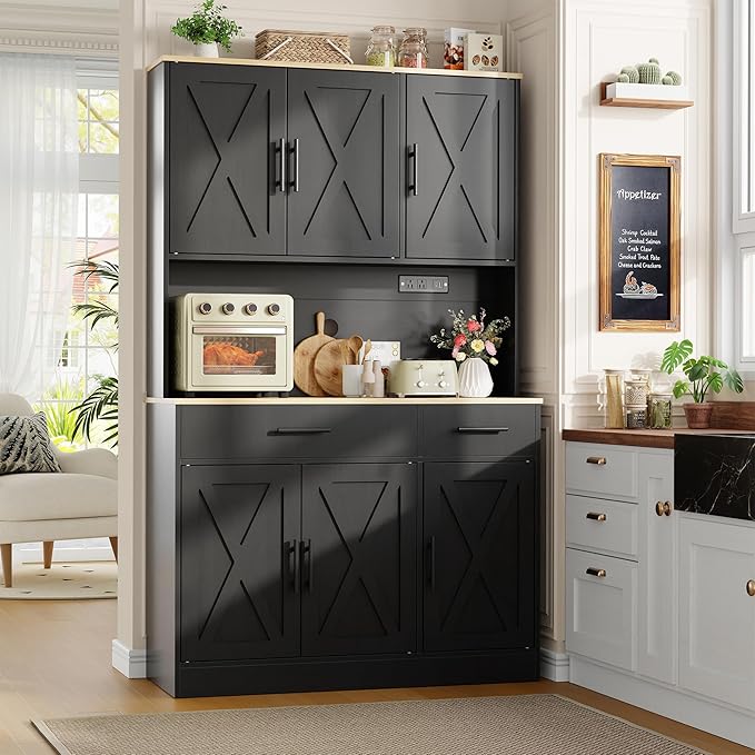 Vongrasig Farmhouse Pantry Cabinet with Charging Station, Tall Kitchen Pantry with Microwave Stand, Storage Drawers & Shelves, Large Kitchen Hutch for Living Room, Dining Room, Black