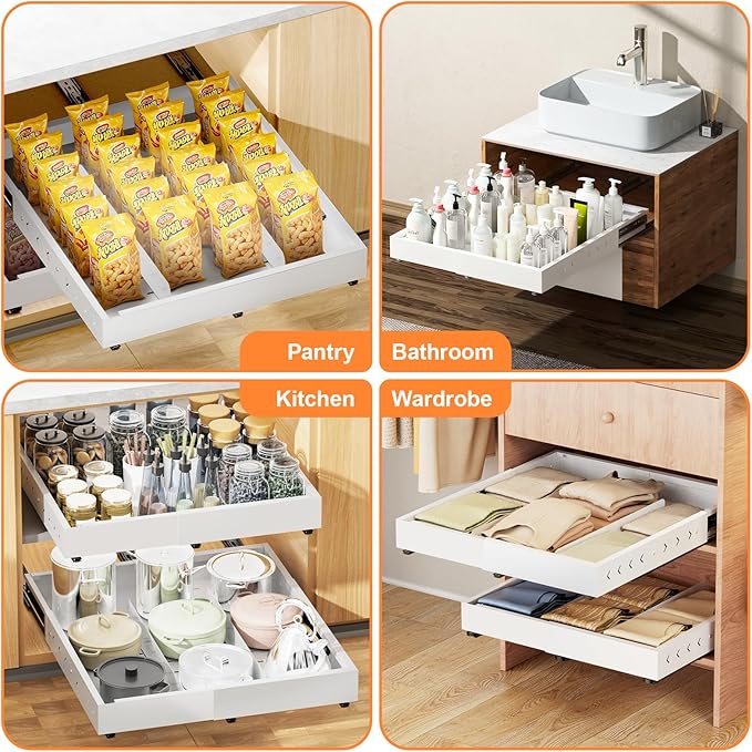 Pull out Cabinet Organizer Expandable W(12"-20") and D(16"-22"), No Drill Adjustable Slide Out Drawers With 3 Slide Rails, 2Pcs Magnetic Panel, Adhesive Roll out Shelves for Kitchen, Cabinets, Pantry