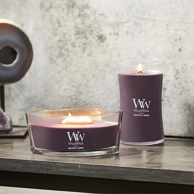 WoodWick Amethyst & Amber Gifts for Women and Men, 21.5 oz Large Hourglass Candle with Crackling Wick