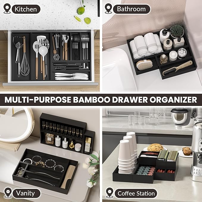 Kitchen Drawer Organizer Bins, Stackable Bamboo Drawer Organizer for Silverware, Flatware, Deep Office Desk Organizer Tray, Desktop Pen, Office Organization Black 9" x 6" x 2.5"(Set of 2)
