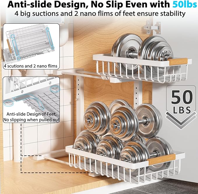 Liuoud Under Sink Organizer Storage 1 pack, 2 Tier Slide Out Height Adjustable Pull Out Cabinet Organizer Drawers, Kitchen Bathroom Large Capacity Metal Under Sink Rack Caddy Basket Shelves, White