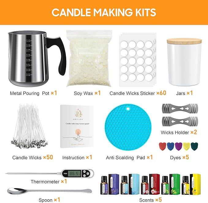Ohcans Candle Making Kit Supplies, Soy Wax DIY Candle Making for Adults, with 900ml Candle Make Pouring Pot,Candle Jar Candle Wicks, Wicks Sticker, Wicks Holder, Thermometers