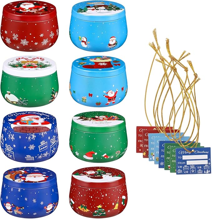 Christmas Cookie Tins for Gift Giving, 8PCS Christmas Tins Can with Lids, Holiday Cookie Containers Candle Jars with 8PCS Tags for Candy Spices Tea DIY Baking Candles Party Favors Storage