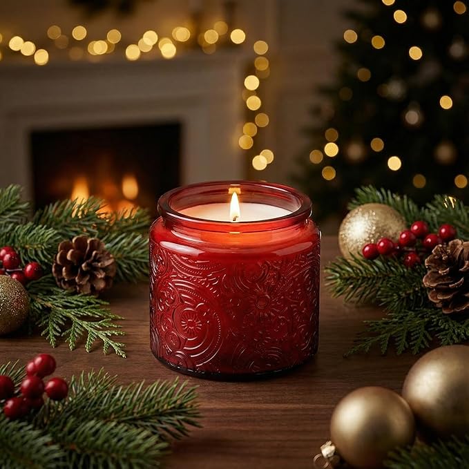 Art Secret 9 Pack 10oz Sun Moon Star Embossed Glass Candle Jars with Mirror Lid, Patented Design for Candle Making (Red)
