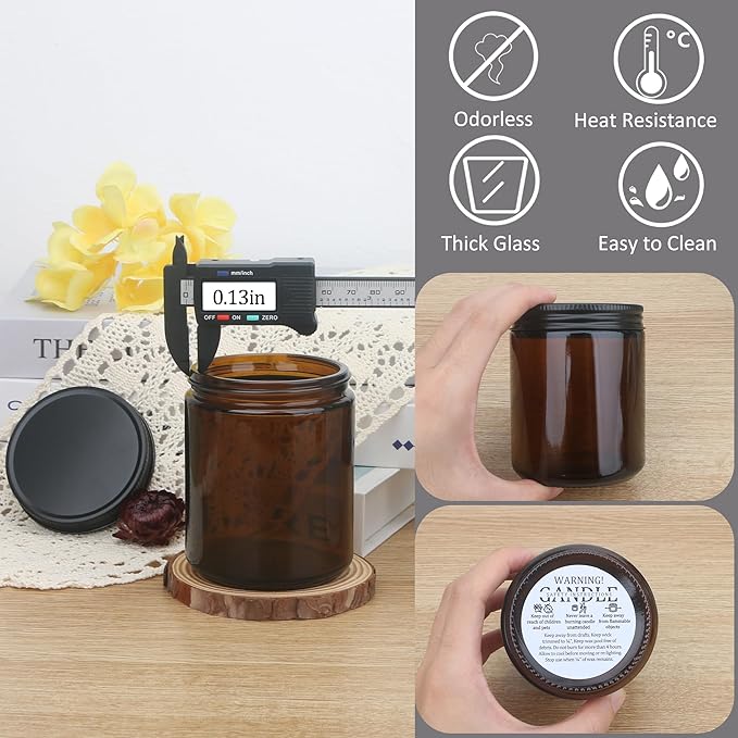 MILIVIXAY 20 Pack 8 OZ Thick Glass Dark Amber Candle Jars with All Black Metal Lids-Bulk Empty Candle Jars for Making Candles-Canning Jar for Spice, Liquid, Sample- Dishwasher Safe.