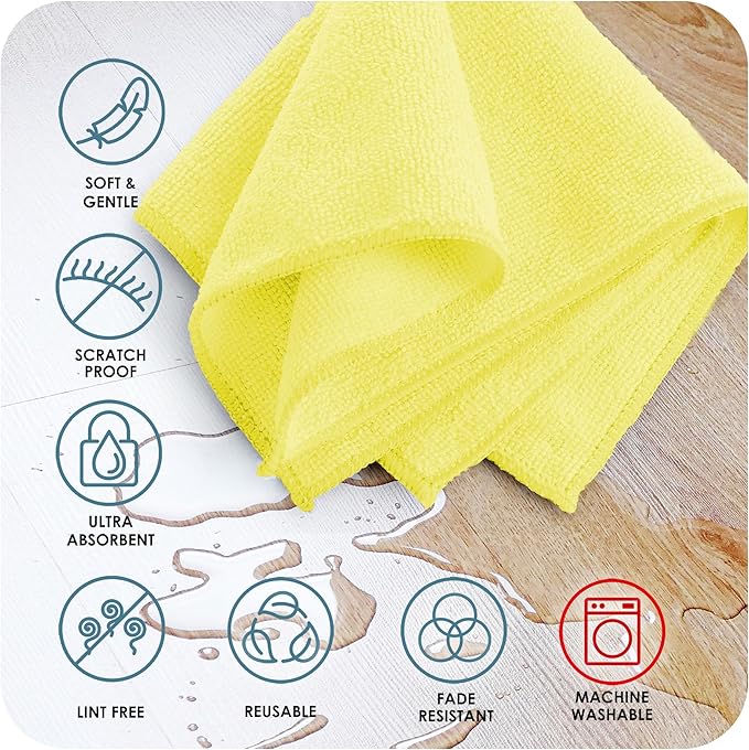 Hearth & Harbor Microfiber Cleaning Cloth, Towels for Cars 144 Pack Washcloths, Yellow Rags, Reusable Towel, Cloth Rags Cleaning, Lint Free 12''x12''