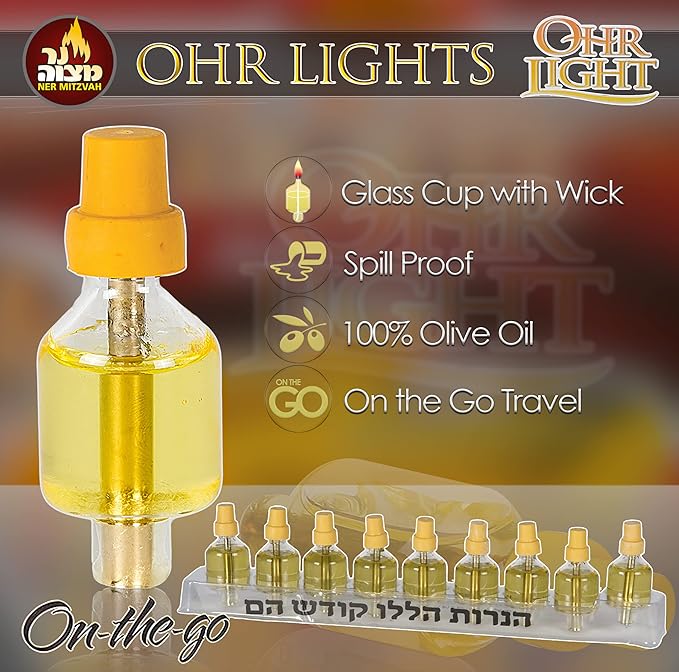 Ner Mitzvah On The Go Travel Menorah Set - 9 Pre-Filled Glass Cups Included - 100% Pure Olive Oil with 100% Cotton Wicks- Burns Approx. 2 1/2 Hrs
