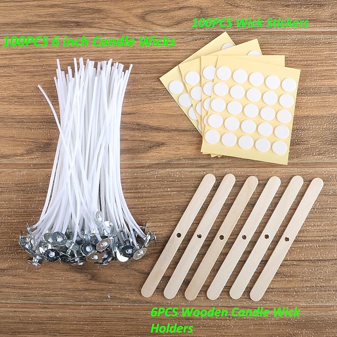 MILIVIXAY 6" Candle Wick Bundle: 100PCS Candle Wicks, 100PCS Candle Wick Stickers and 6PCS Wooden Candle Wick Holders - Wicks Coated with Paraffin Wax, Cotton Wicks Kits for Candle Making.