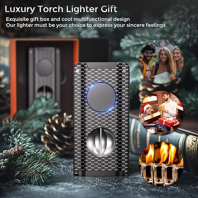 5-in-1 Torch Lighter, Built-in Multi-Functional Accessories, Punch, Draw Enhancer Tool, Holder, Triple Jet Flame, Premium Gifts for Men/Women, Butane Refillable Windproof Lighter for Candles, Travel