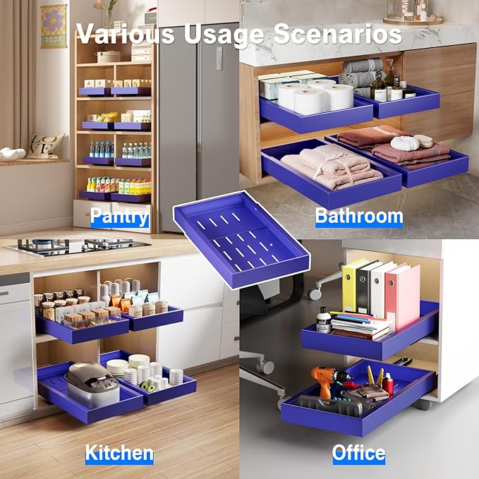 Mustorn 2 Pack Pull Out Cabinet Organizer,21.8" Deep Slide Out Drawer for Cabinets Adhesive Pull Out Drawers Heavy Duty Pull Out Shelves for Kitchen,Cupboard,Pantry,Bathroom-Blue