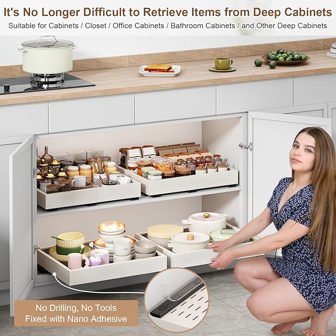Pull out Cabinet Organizer,Expandable Width(16"-21"),Depth(13"-17") with 3 Rails,Roll out Drawers,No Drill Adjustable Slide out Shelves for Kitchen,Pantry,for Both Lip and Lip-Free Cabinets,White(1PC)