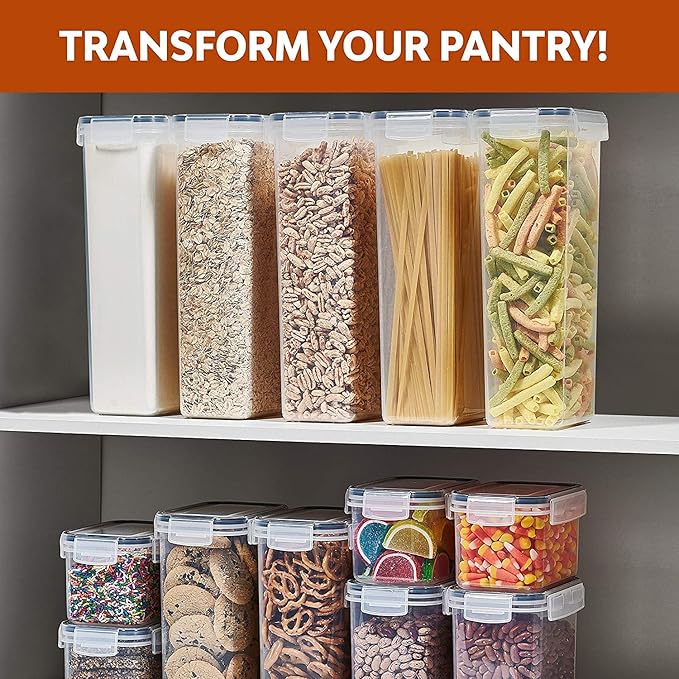 14 Pack Airtight Food Storage Container Set - BPA Free Clear Plastic Kitchen and Pantry Organization Canisters with Durable Lids for Cereal, Dry Food Flour & Sugar - Labels, Marker & Spoon Set