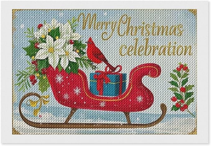 Diamond Painting Kits for Adults - Red Sleigh with Poinsettias, Cardinal Bird Merry Christmas Painting DIY 5D Full Drill Diamond Dots Paintings with Diamonds Gem Art And Crafts Home Decor 8"x12"