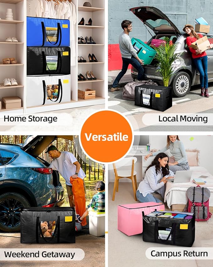 Extra Large Moving Bags, 6 Pack Heavy Duty Storage Bags Boxes Bins Totes with Hnadles Zippers Visible Window for Clothes College Dorm Travel, Black