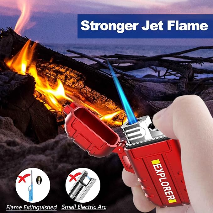 Waterproof Butane Torch Lighter Refillable Windproof Jet Flame Lighters for Fireplace Fireworks Grill Camping BBQ Lighter Gift for Man,2 Pack. (Black+Red)(Without Butane)
