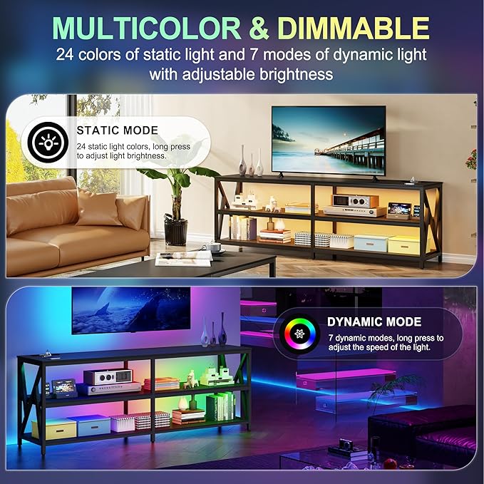 Lvifur LED TV Stand for 65 70 75 inch TV, Auto Sensor Entertainment Center with RGB Dimmable Lights, TV Console Table with Open Storage Shelves and Metal Frame (Black)