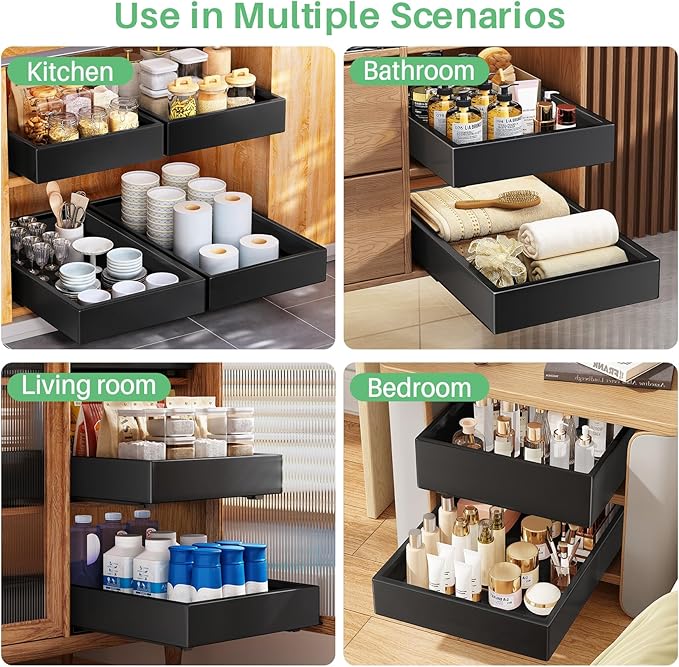 Pull out Cabinet Organizer, 21"Deep, 20"Wide Full-Extension Heavy Duty Slide out Drawers with Nano Adhesive, Roll Out Shelves Sliding Cabinet for Kitchen, Bathroom, Pantry, Under Sink Storage(Black)