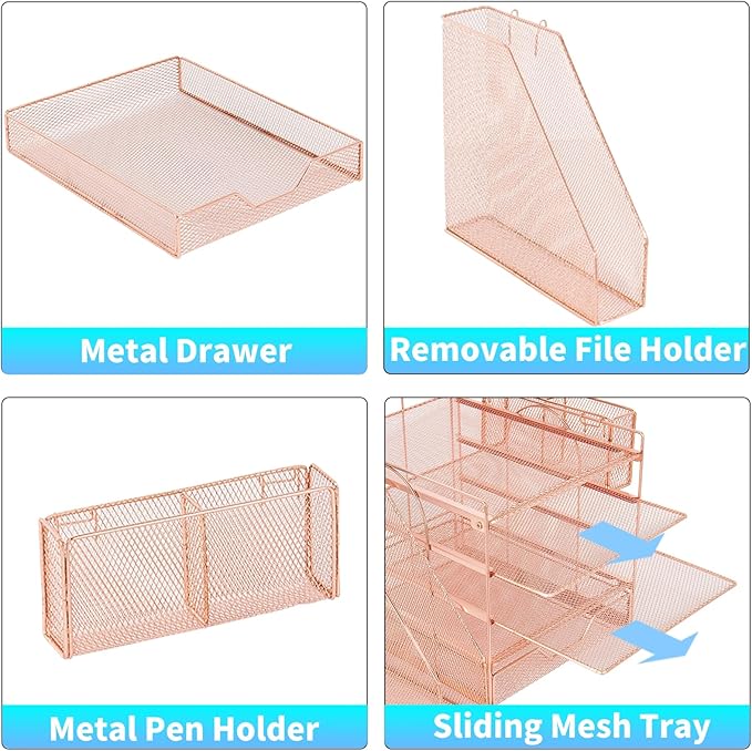 Desk Organizer, 5-Tier Paper Letter Tray Organizer with File Holder, Drawer and Pen Holder, Desktop Organizer for Office Supplies, Rose Gold