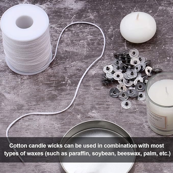 200 ft Braided Candle Wicks 100% Cotton 15 PLY for Candle Pillars in 1 1/4" Dia, for Paraffin Wax Soy Beeswax Candle Making, Sold Separately 200 PCS Candle Wick Sustainer Tabs Metal 14mm