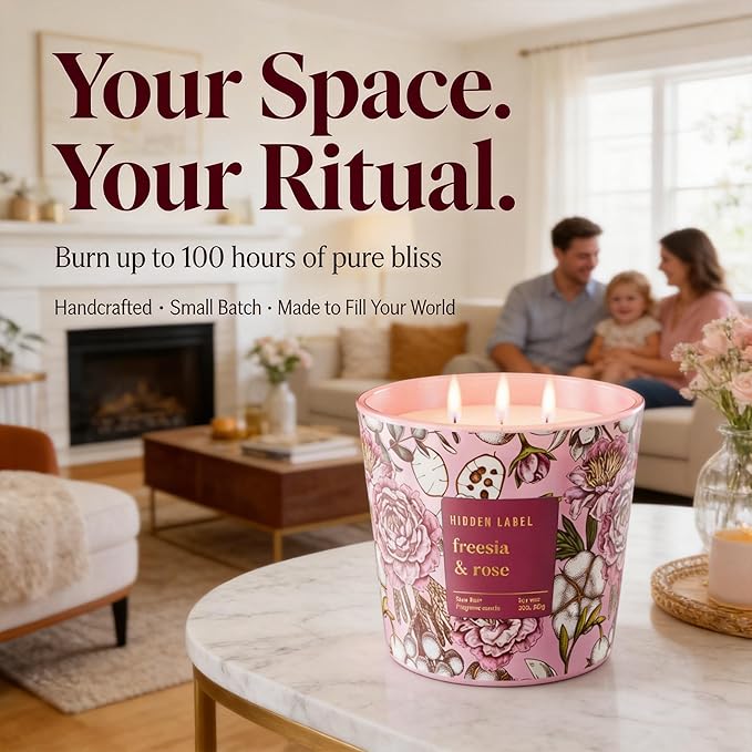 Scented Candle for Women, 30oz 3-Wick Natural Soy Wax, Up to 100 Hours Long-Lasting Clean Burn, Non Toxic Large Jar Aromatherapy Candle, Freesia Rose, Gifts for Women
