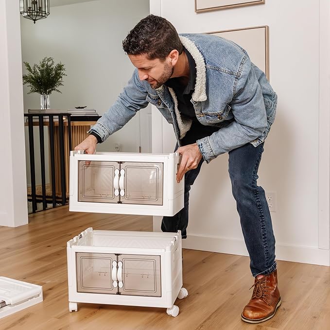 DALMAN 26QT Stackable Storage Bins with Lids -2 Tier Wheeled Shelf Organizer Plastic Containers with Lids – Multipurpose Storage and Organization Shelving Unit with Magnetic Closure