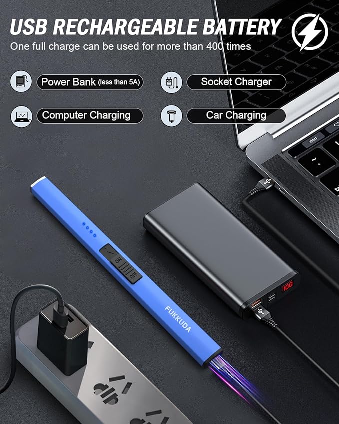 FUKKUDA Electric Candle Lighter with Safety Switch - USB Rechargeable Windproof & Flameless Plasma Arc Lighter for Easter Basket Stuffers (Sapphire Blue)