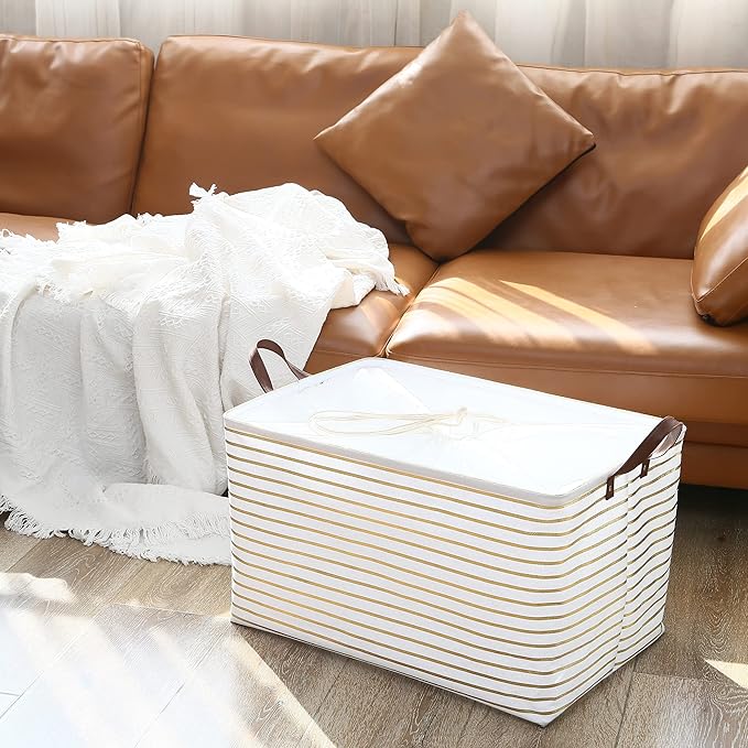 Hinwo 70L Extra Large Storage Bins, Closet Organizers and Storage, Foldable Clothes Storage Baskets with Handles, Containers for Clothing, Blanket, Comforters, Toys, Bedding (Gold Stripe)